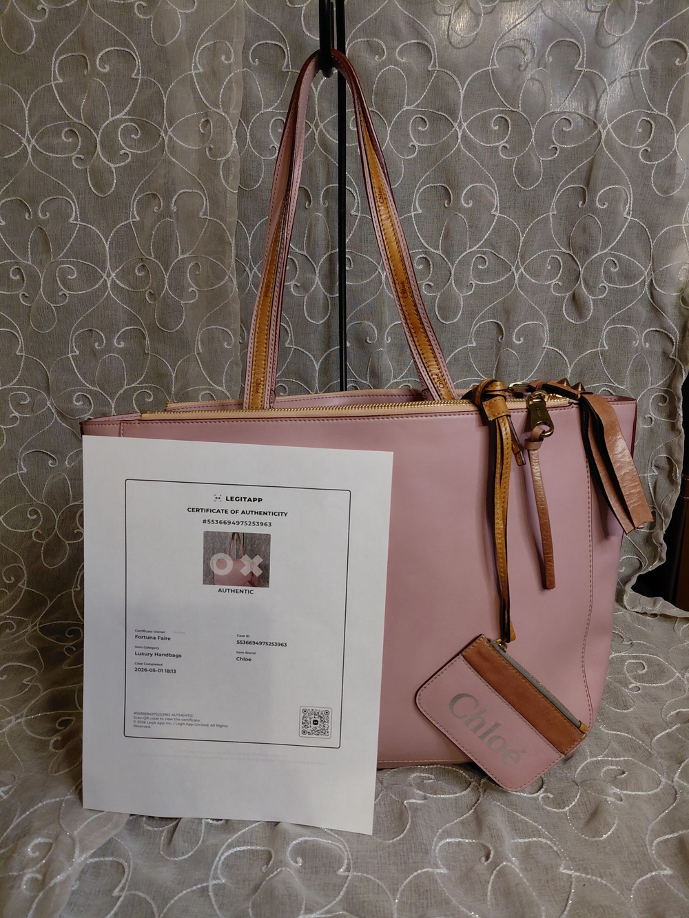 Chloe Sam Pink Leather Tote with Brown Trim and Mini Bag